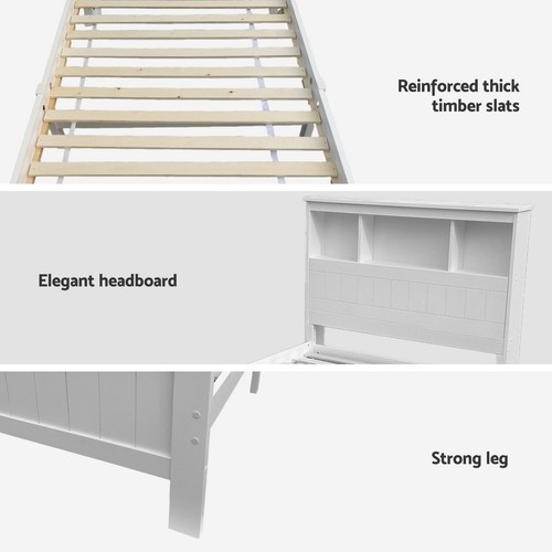 Artiss Bed Frame King Single Size Wooden with 3 Shelves Bed Head White - Picture 6 of 7