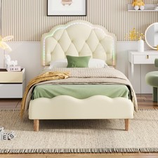 Kinderbett Polsterbett 90x200cm Weiß LED Streifen Holzlatten PU