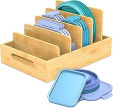 Lid Organizer for Plastic Lids, with 5 Adjustable Dividers  Handmade, Bamboo,