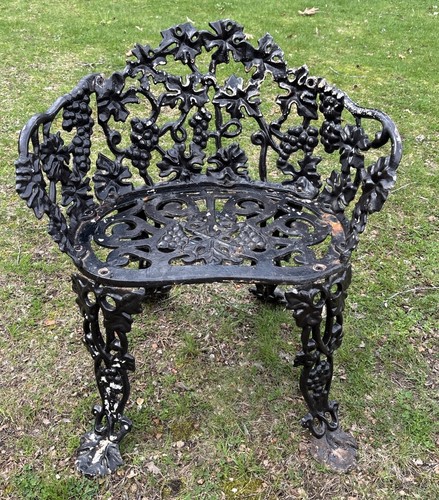 Vintage Victorian Grape & Leaf Cast Iron Patio Garden Arm Chair Seat Grapevine
