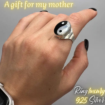 Geschenk Perlmutt Unikat Ring Harmonie Achat Yin Yang Größe 8 Frau Silber 925