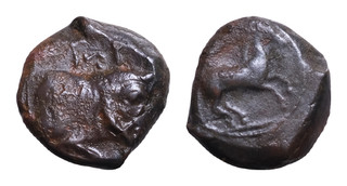SICILY Panormos (as Ziz). Circa 317 280 BC. Æ 11mm 2.2g Man Bull head Horse