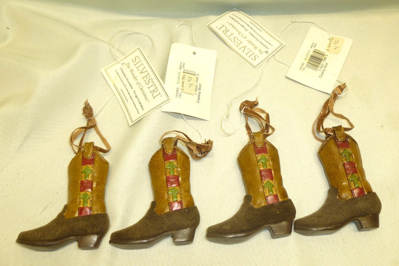 Lot of 4 Silvestri The Wonder of Christmas Cowboy Boot Ornament Ceramic Flocked