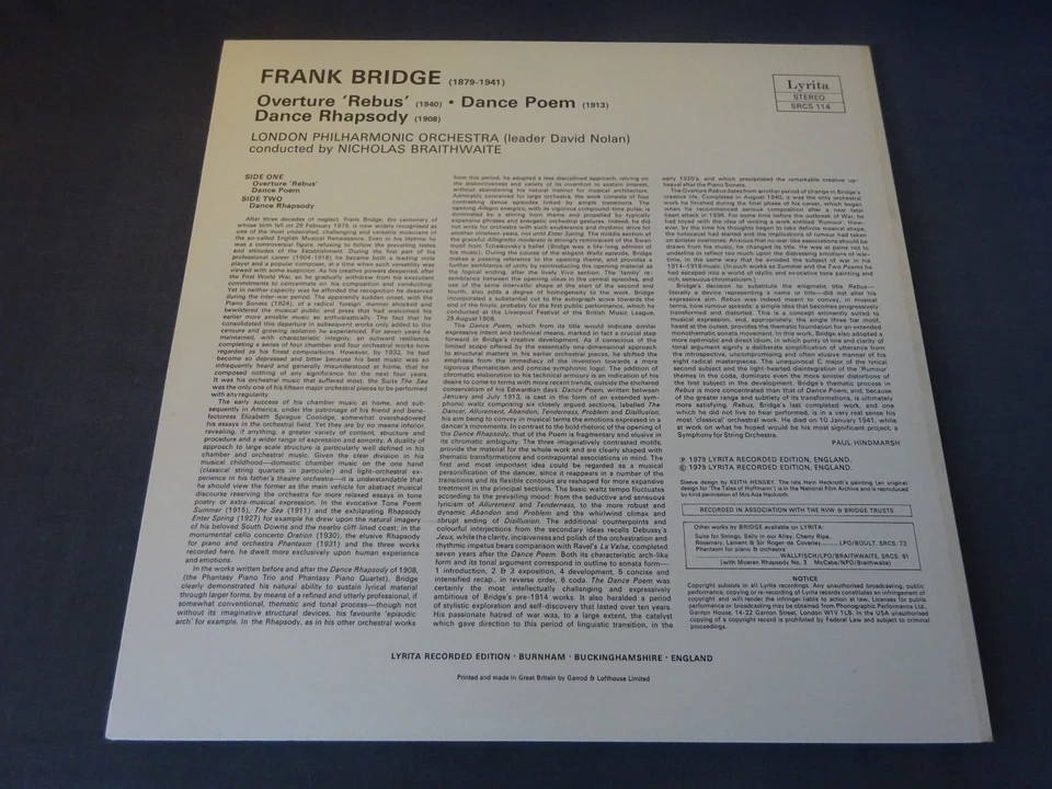 BRIDGE - REBUS, DANCE POEM / RHAPSODY LP, LPO, Braithwaite, LYRITA SRCS 114 - Image 2 of 4