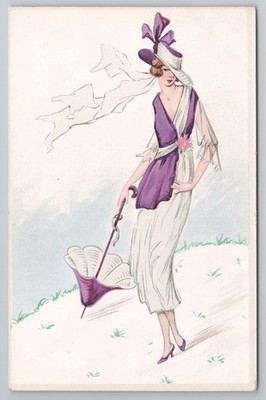 um 1910 Jugendstil Postkarte Dame mit lila Sonnenschirm Windy Day FAKU B-N