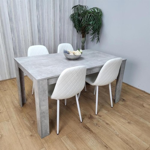 Modern Grey Dining Table Set 4 White Faux Leather Chairs for Kitchen Room - Picture 10 of 12