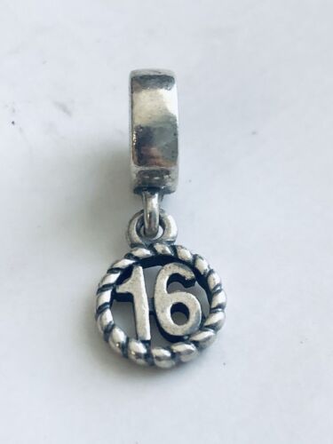 Authentic Retired PANDORA Sterling Silver Birthday Charm "16" DANGLE - Picture 1 of 2