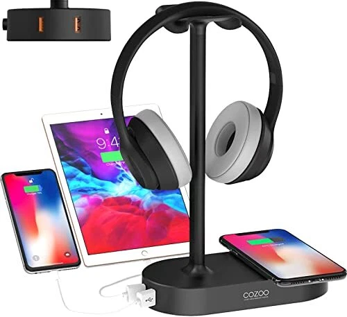 COZOO Headphone Stand with Wireless Charging Pad and 2 USB