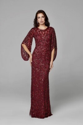Primavera Couture 9713 Burgundy Sequined Flare Sleeve Gown Evening Dress  Size 14 | eBay