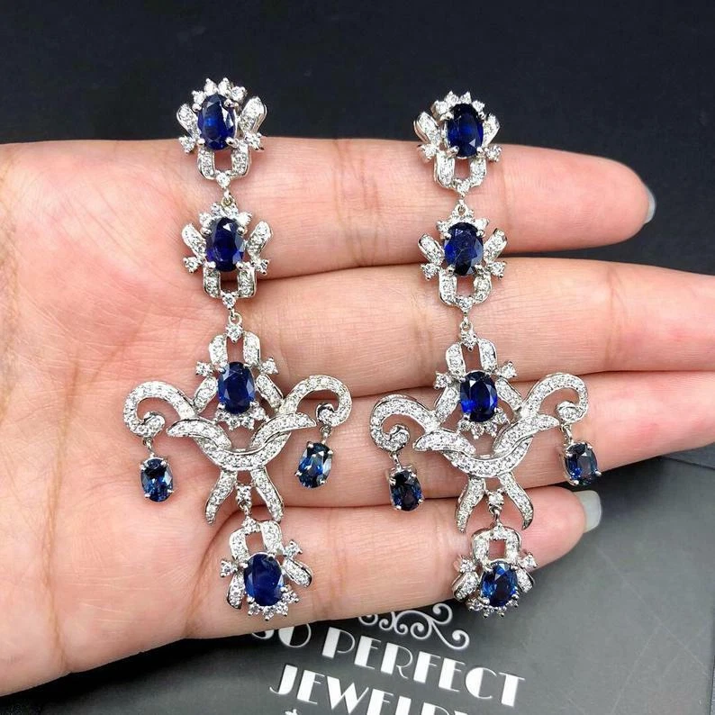 Chandelier 18.03TCW Royal Blue Branded Blue Sapphire & CZ Handmade Fine Earrings - Image 2 of 4