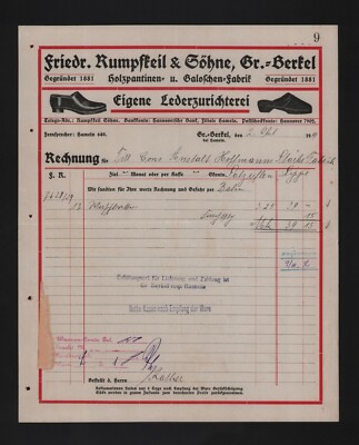 Gr.-BERKEL, Rechnung 1919 Friedr. Rumpfeil & Söhne Holzpantinen-Galoschen-Fabrik