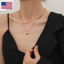 Woman 18K Gold Plated Stainless Steel Heart Charm 2 Layer Snake Chain Necklace