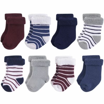 Hudson Baby Terry Roll Cuff Socks, 8-Pack, Navy Gray Stripe