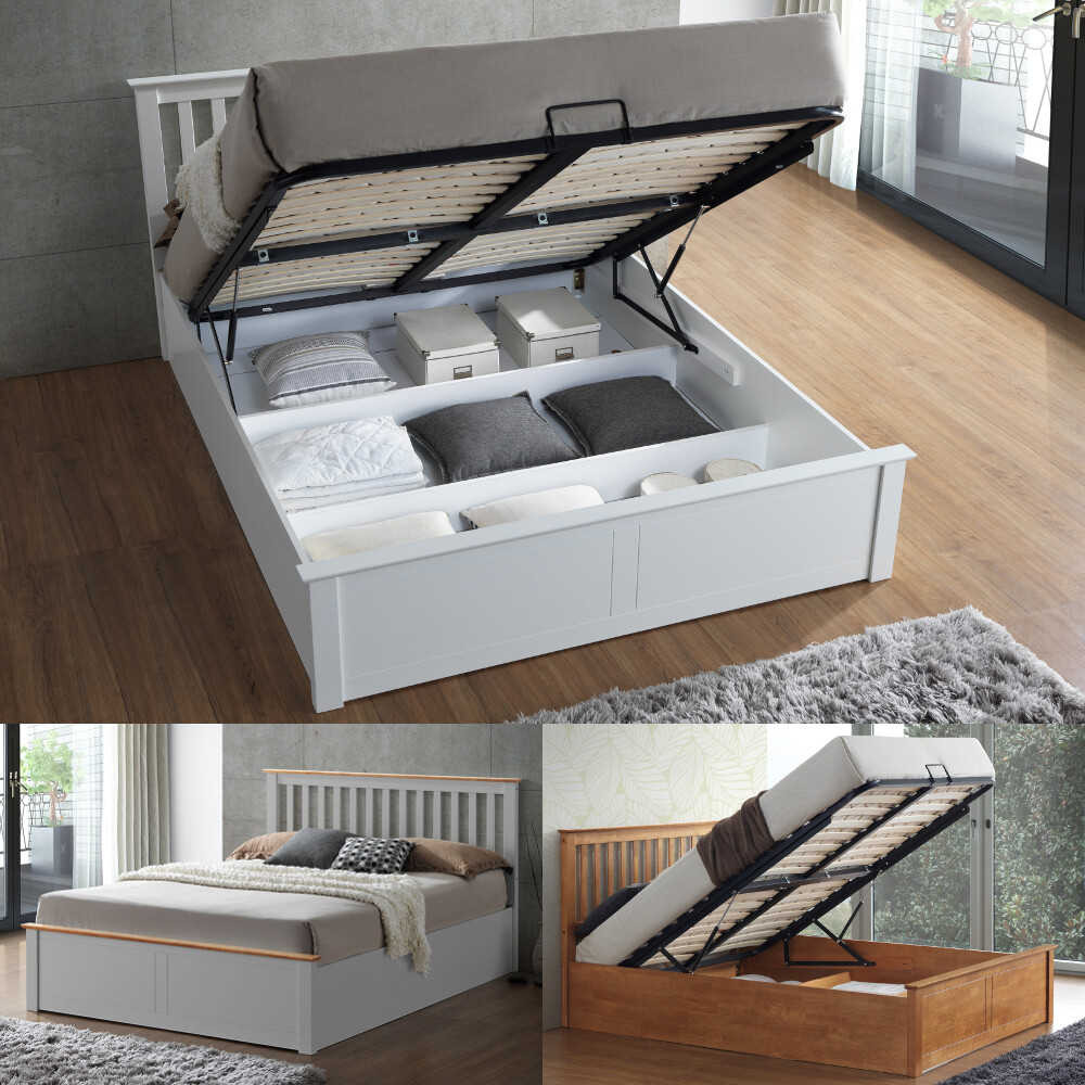 Wood Ottoman Bed Malmo Storage Bed with 4 Mattress 3 Colour Double or