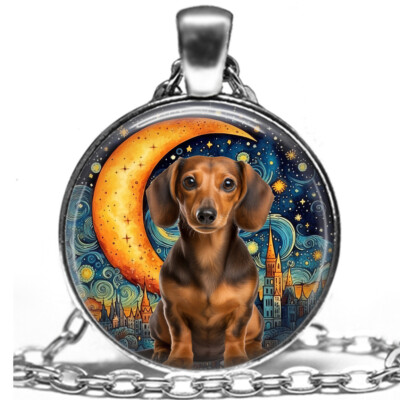 Dachshund Necklace Starry Night Impressionist Art Print Silver Dog Charm Pendant
