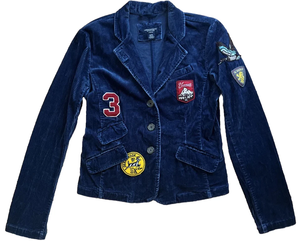 AEO Women’s Blue Corduroy Button Blazer SZ M Elbow Patch Work Pocket Y2K Preppy - Image 2 of 4