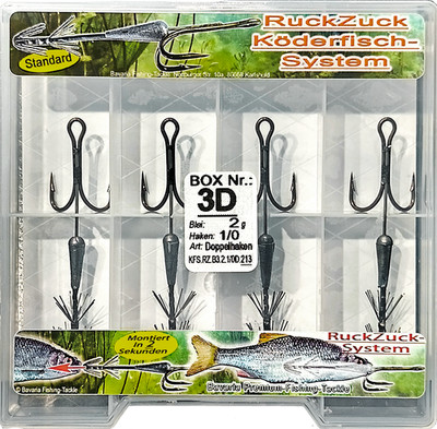 RuckZuck-Köderfisch-System STANDARD DOPPELHAKEN BOX 3D  ''In 2 Sekunden montiert''