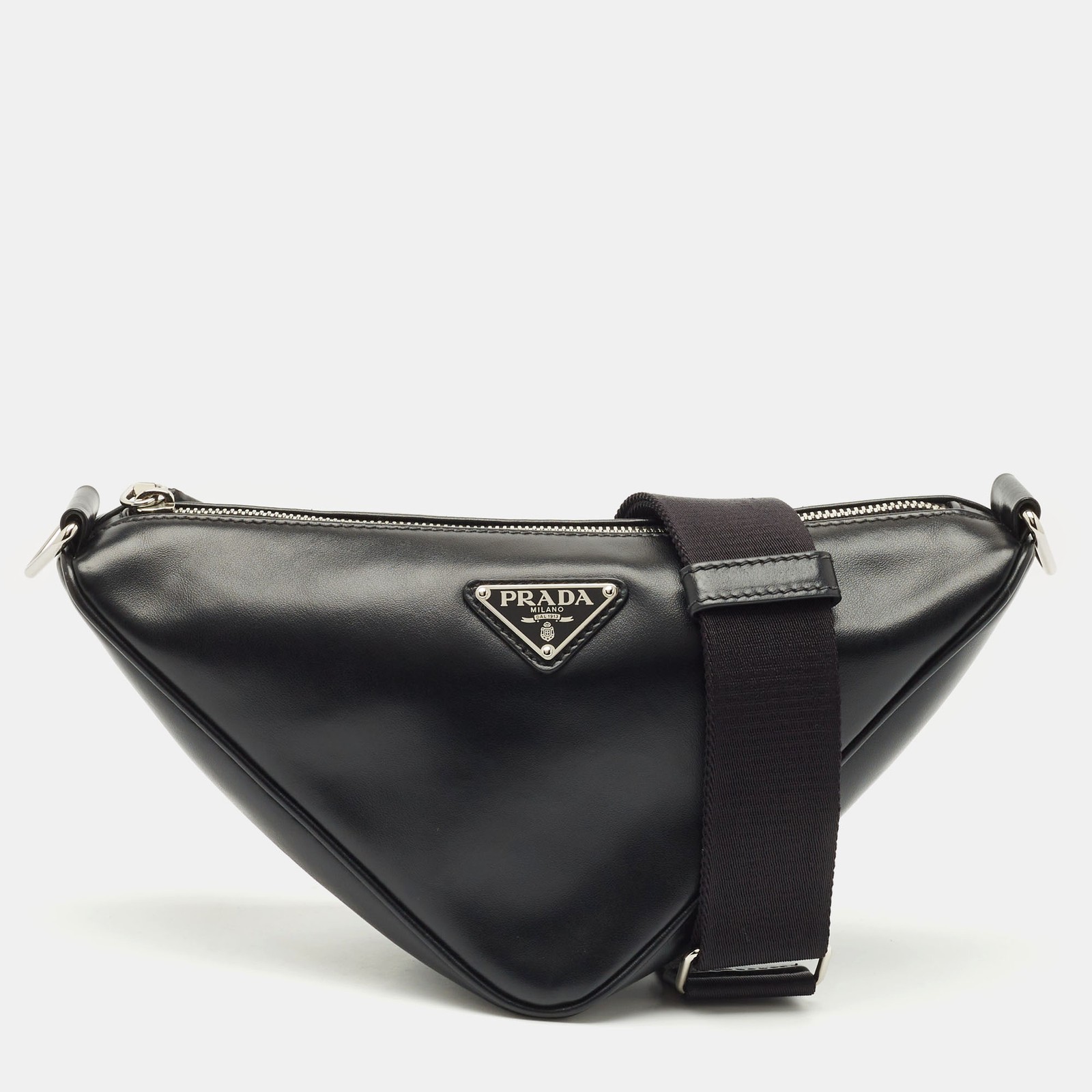 Prada Black Leather Triangle Shoulder Bag with Adjustable Strap