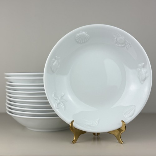 Set Of 4 Apilco France Ocean Seashell Fish White Porcelain 9 7/8" Pasta Bowl EUC