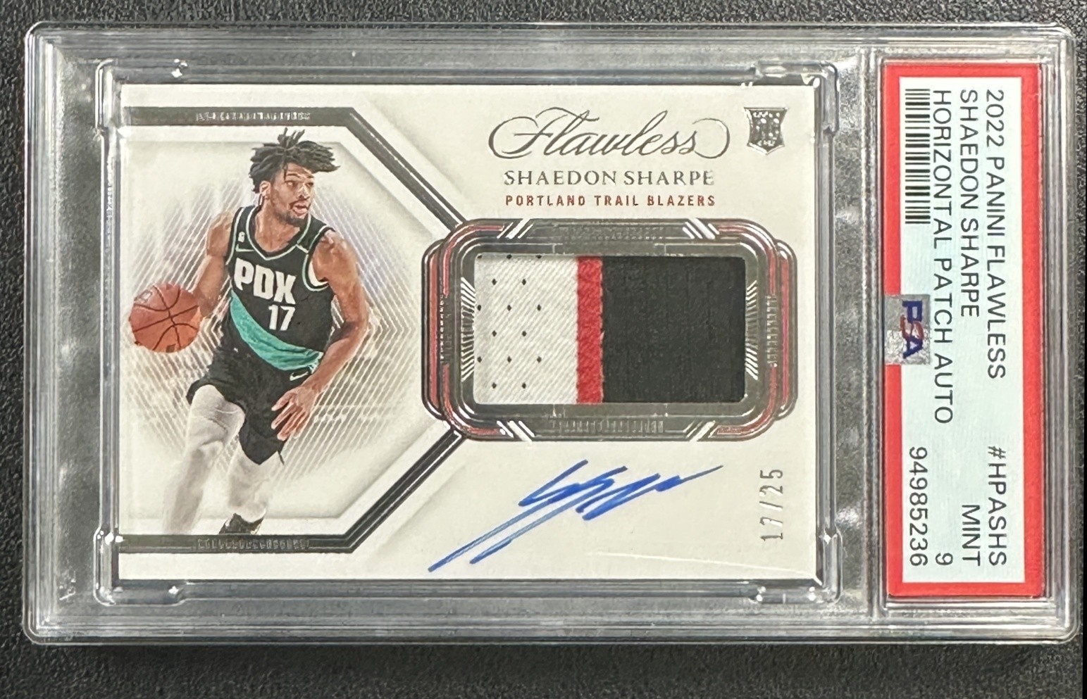 SHAEDON SHARPE PSA 9 2022-23 PANINI FLAWLESS ROOKIE GU HORIZONTAL PATCH AUTO /25 view 1
