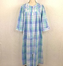 Miss Elaine Full-Zip Long Seersucker Housecoat Robe 3/4 Sleeve Blue Plaid Size M