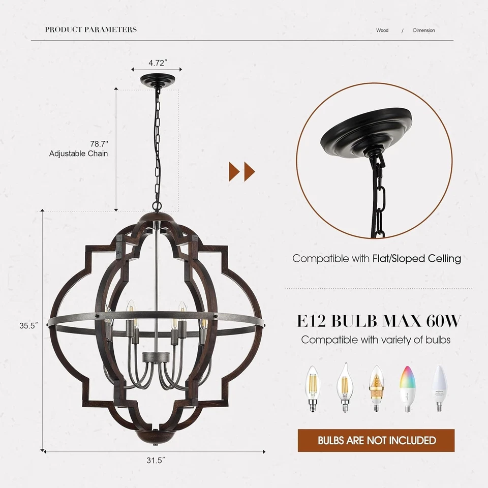 全新 31.5 英寸 8 灯农舍乡村橡木棕色木质吊坠 轻质 快速发货 — 第 4/4 张图片