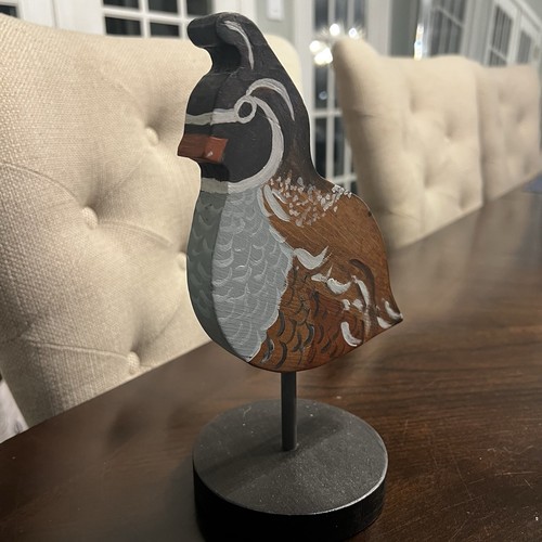 Vintage Hand Painted Wood Bird Quail Pheasant on Wood Base 9.25" Tall Folk Art