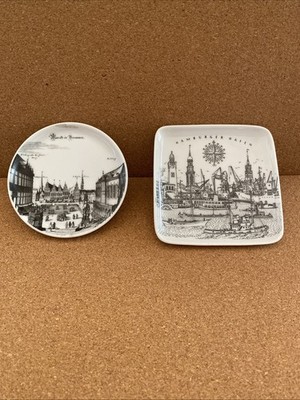 Pair Small Uhlenhorst Porcelain Dishes: Marckt In Bremmen And Hamburger Hafen