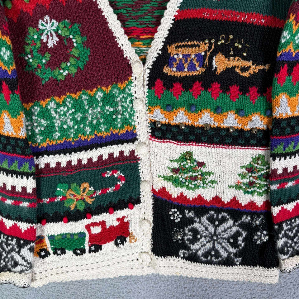 复古圣诞节 90 年代开衫毛衣手工针织女式小号条纹印花 — 第 4/4 张图片