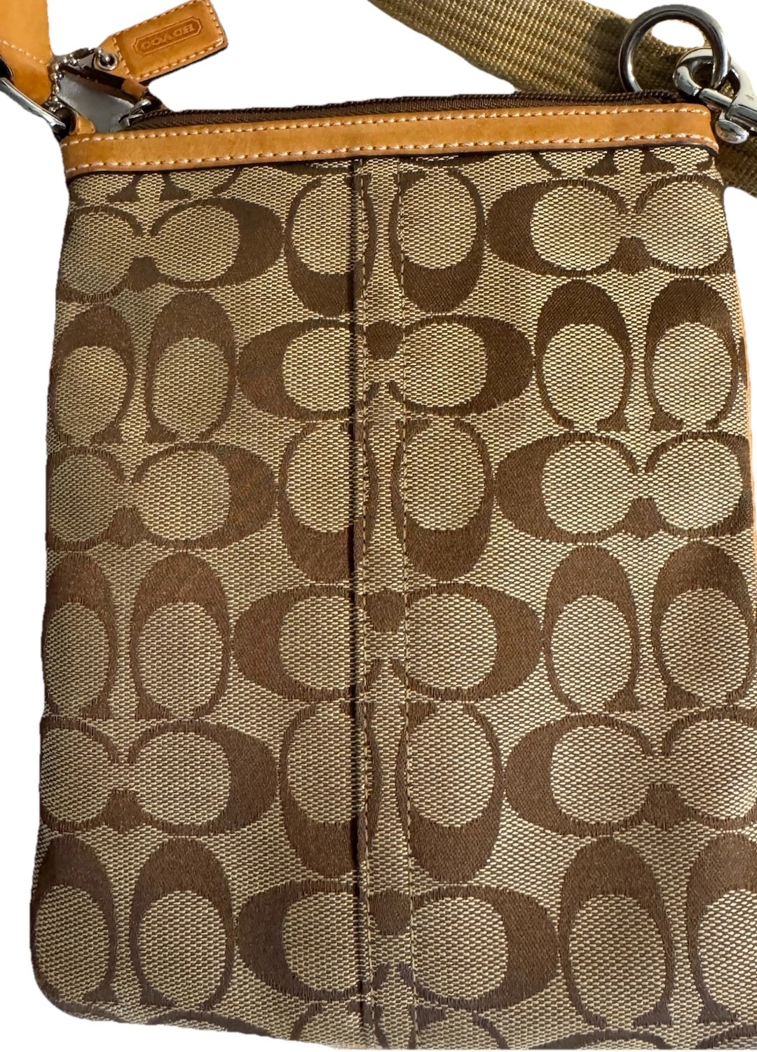 Tracolla regolabile stampa firma Coach vintage marrone e marrone jacquard
