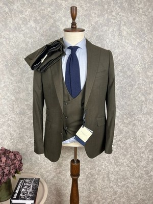 £950 NWT! Douglas Hayward 3 Piece Forest Wool Pek Lapels Suit 40, EU 50 W34 L31