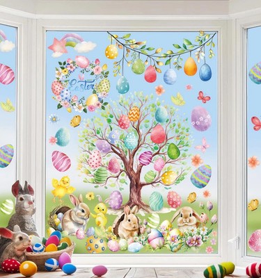 JMHACHY Easter Window Clings Decorations - 9 Sheets Rabbit-egg-tree