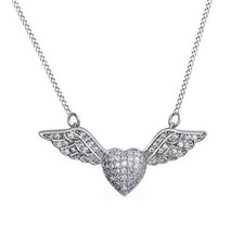 Heart Angel Wing Pendant Necklace Simulated Diamond 14K White Gold Plated Silver