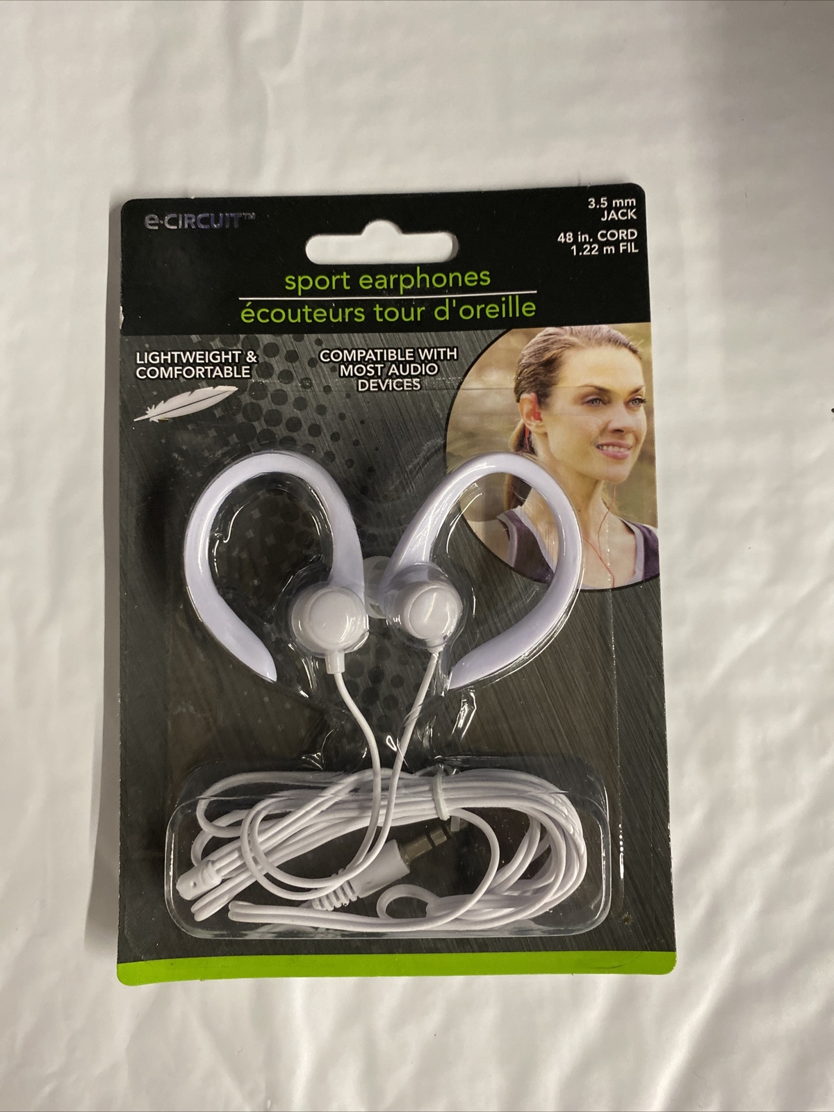 White Sports Earphones Ear Hook 48 in. Cord 3.5mm Jack NEW