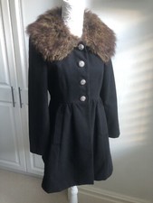 Miss Selfridge Black Coat With Brown Faux Fur Collar, Fits 8/10