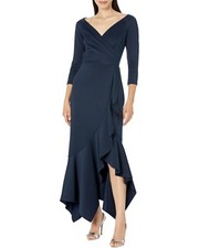 XSCAPE L75819 Midnight Long Sleeve V Front Ruffle Scuba Dress Size 12