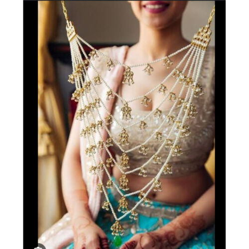 Indian Bollywood Gold Plated Kundan Pearl Long Mala Maharani Haar JewelrySet - Afbeelding 1 van 6