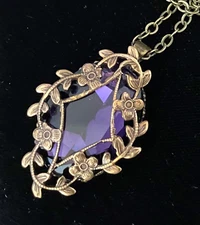 Deep Purple Necklace Victorian Revival Brass Floral Purple Rhinestone Pendant