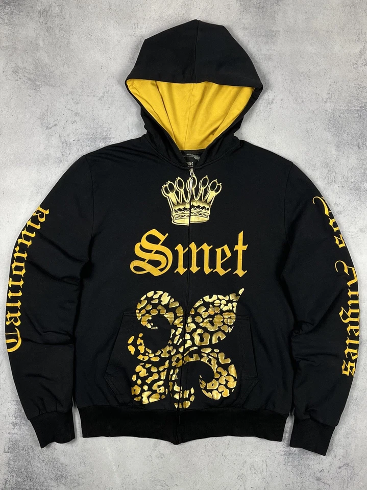 Винтажная толстовка с капюшоном SMET Christian Audigier Y2K Crazy на молнии размер средний черная татуировка оригинальная - Изображение 3 из 4