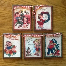 5 Hand Crafted Wooden RETRO CHILDREN Christmas Ornaments / Hang Tags Set51