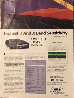 1989 Bel Vector 3 Radar Detector PRINT AD Bel-Tronics Intelligent VTG 1980s Car