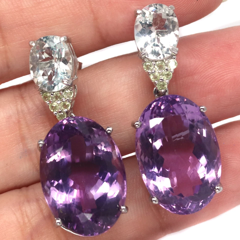 Gemstone 15 X 22 mm. Purple Amethyst, Topaz & Peridot Earrings 925 Silver - Image 2 of 4