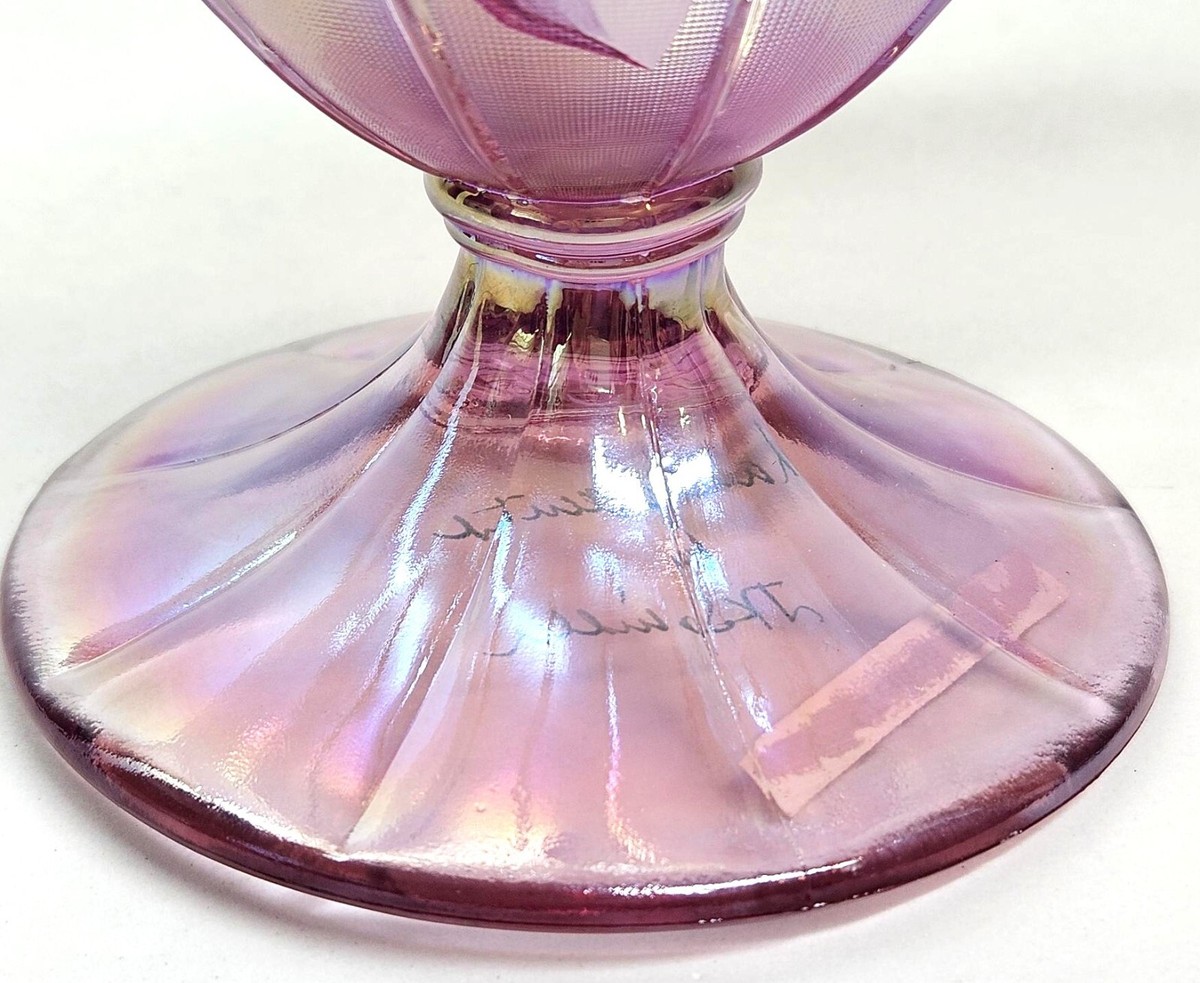FENTON Art Glass PETAL PINK Iridized Footed Basket Signed