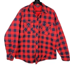 Vintage Woodland Quilted Flannel Jacket Men's L Red Black Shacket Buffalo Plaid