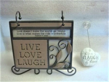2 Pc LIVE LOVE LAUGH Photo Display - Heart Photo Clip - Metal & Glass Flip Stand