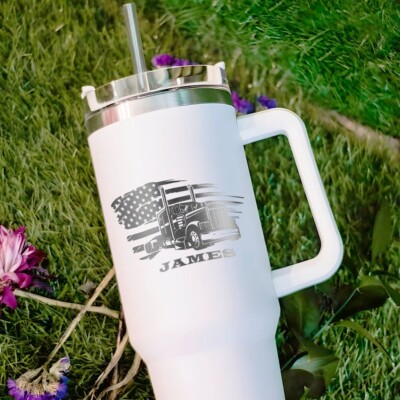 Personalized Truck 40oz Tumbler With Handle, Custom US Flag Truck Driver Tumbler