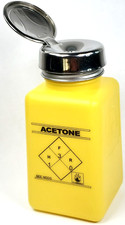 Botella amarilla dispensadora de un solo toque Durastatic Menda 35277, impresión de acetona de 6 oz