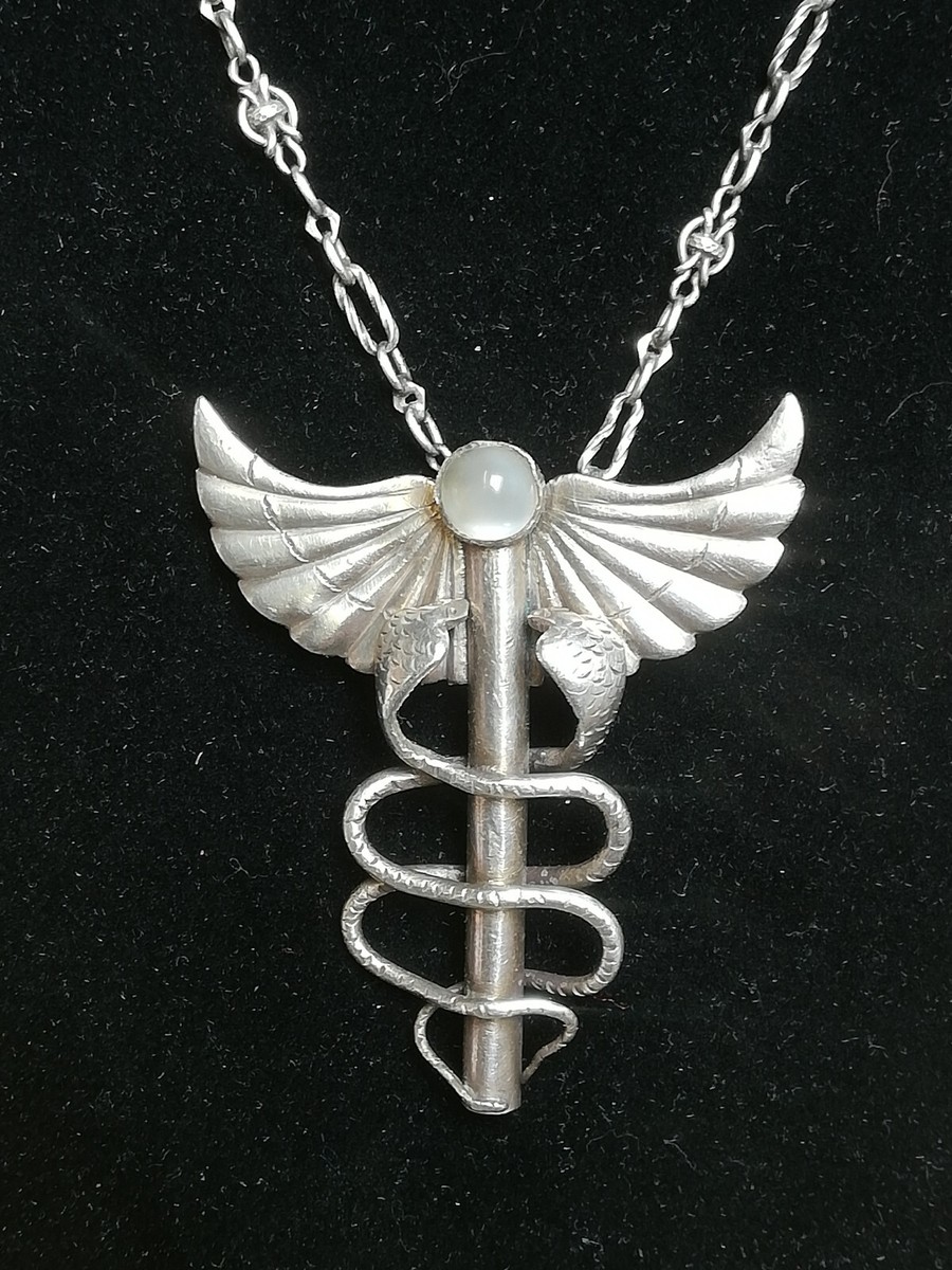 2349ER-VINTAGE Solid Silver Necklace Caduceus Medical HERMES SNAKE
