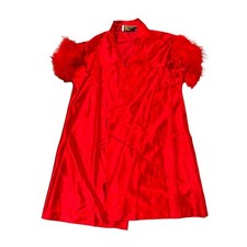 Vtg 1980s GERRY CALIFORNIA Wior Bros Red Satin Short Sleeve Robe Marabou Trim