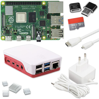 Raspberry Pi 4 Set | Netzteil | Gehäuse | 64GB SD | USB-Reader | Kühlkörper|HDMI